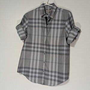Burberry Brit Rolled Sleeve Plaid Top Light Blue Grey Size Small